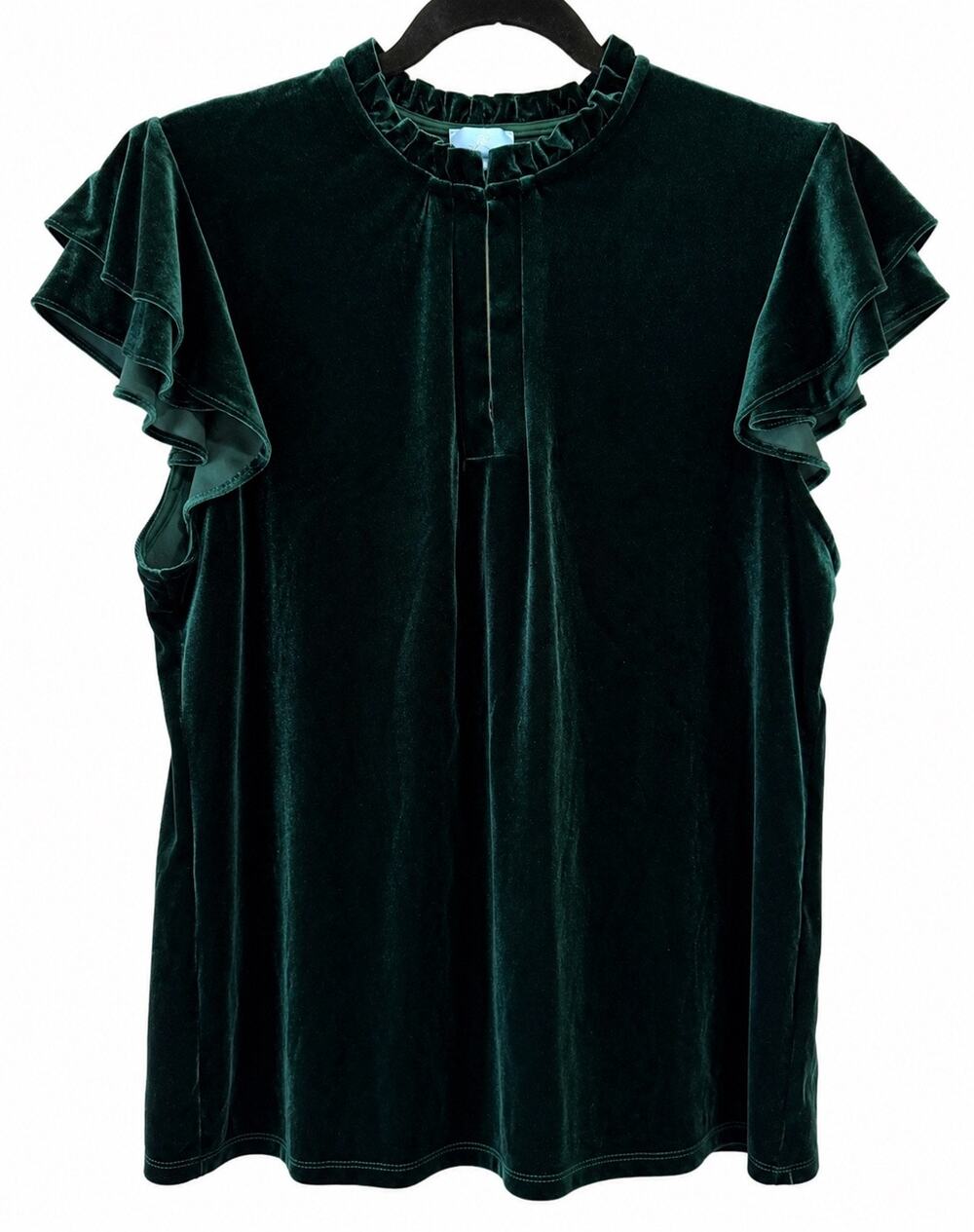 CeCe XL Emerald Green Velvet Flutter Sleeve Mock Neck Blouse Top - Picture 1 of 6